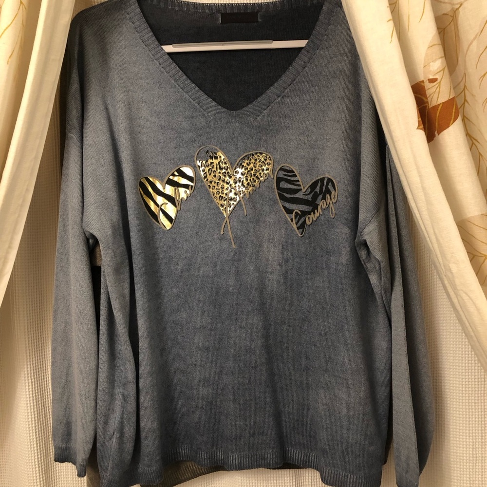 Women's Blue V-Neck Sweater with Heart Design